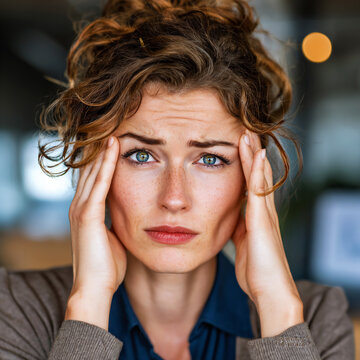 inner conflict of stressed businesswoman in corporate environment, frustrated professional woman battling negative thoughts and self doubt, overwhelmed businesswoman struggling with stress anxiety