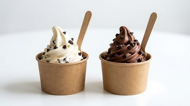 Two delicious soft serve ice creams with chocolate chips in cups isolated on white