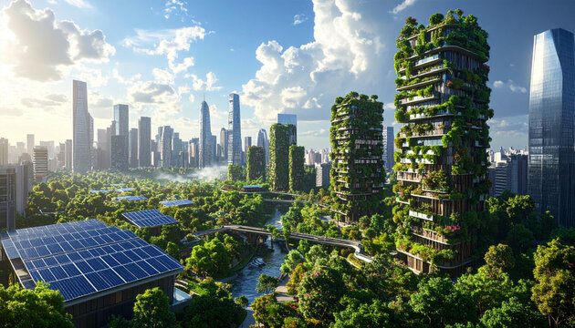 Un paysage urbain &eacute;cologique avec des b&acirc;timents verts