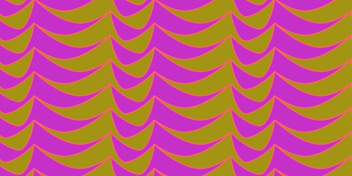 Magenta and olive scallop wave seamless pattern, groovy retro vector background for wallpaper, packaging and social media