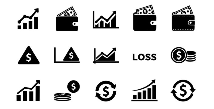 Financial Icons: Growing Charts, Wallets with Cash, Dollar Signs, Coins, and Loss Text