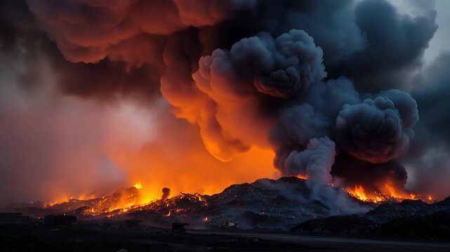 Devastating flames consuming a massive garbage dump at night, releasing thick, toxic plumes of dark smoke into the air, creating a catastrophic environmental and pollution disaster scene