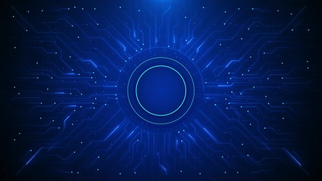 Blue circuit hub technology background glowing ring, electronic pathways, nodes, digital space. AI videos, software intros, cyber security, processor visuals, network animation, tech motion graphics.