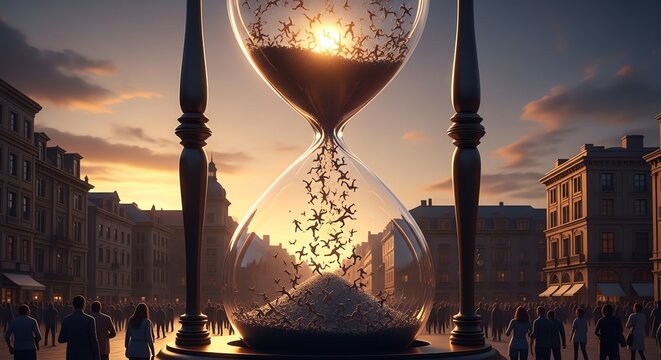 Humanity's Flow A Surreal Hourglass of Time at Sunset