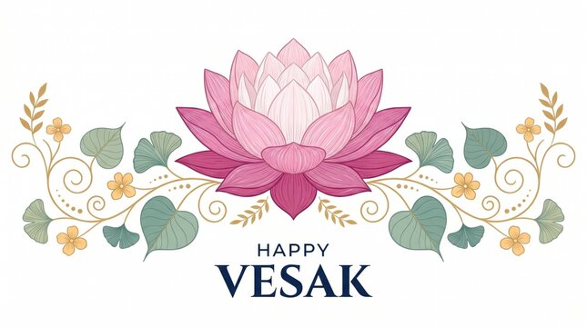 Buddha Purnima Vesak. Festive Illustration Celebrating Buddha's Birthday Ceremony. Banner, postcard. Lotus flower illustration with decorative elements for Vesak celebration