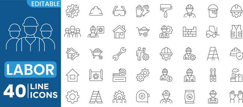 Construction Work and Labor Line Icon Set, Renovation Building Tools Helmet Excavator Roller Spatula Wheelbarrow Project, Outline Linear Editable Stroke Vector Collection
