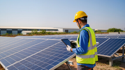 Obraz premium Technician monitors solar panel array. ​Safety vest used during field inspection. ​Professional manages renewable energy site. ​Digital monitoring for clean power generation.