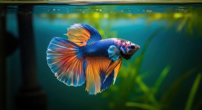 vibrant blue and red betta fish swimming in tropical aquarium with green plants and soft lighting