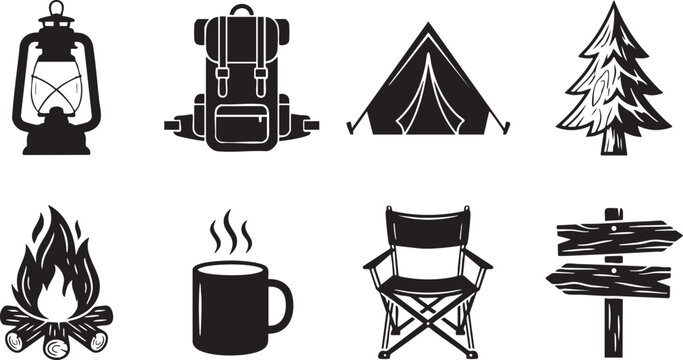 Camping icons set featuring essential outdoor adventure elements including lantern, backpack, tent, campfire, tree, mug, chair, and signpost. Simple black and white vector graphics collection.