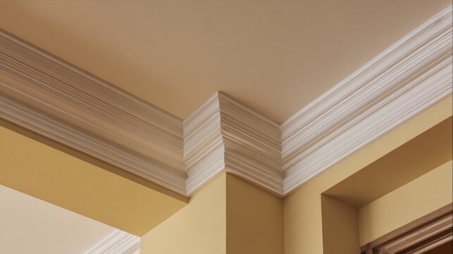 mitered. Decorative molding where ceiling and wall meet in an elegant joint. real-estate listings, architecture portfolios, designed for real-estate listing and luxury residence showcases.
