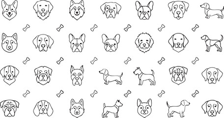 Diverse collection of cute dog breeds depicted in minimalist line art icons with labels, perfect for pet industry branding and veterinary services. © Rekon