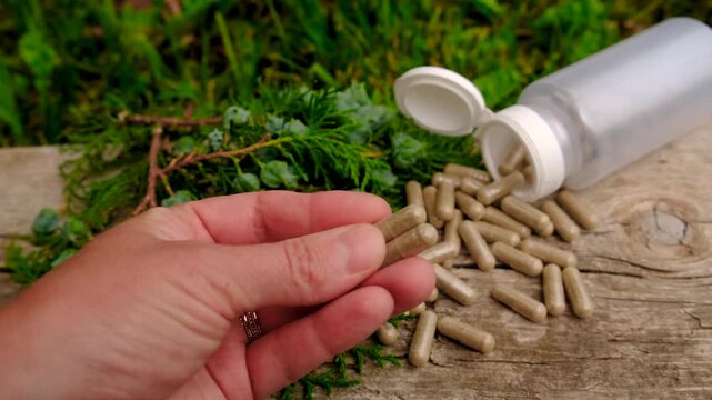 Thuja essential oil and supplements. Selective focus.