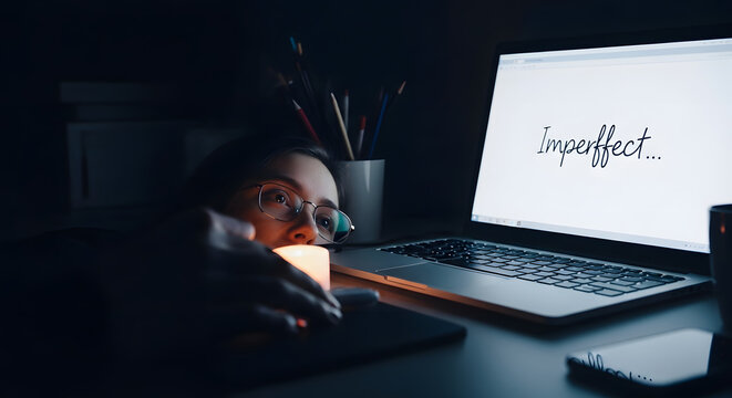 Woman resting head by laptop screen reading "Imperfect" with desk