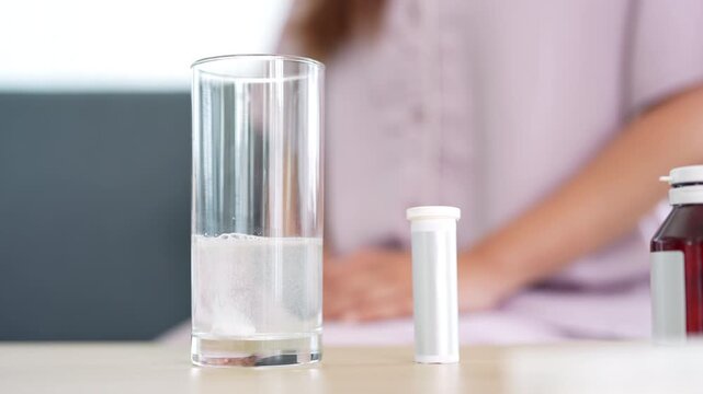 Young woman at home in morning. putting Effervescent tablet or  Fizzy tablet into glass of water.