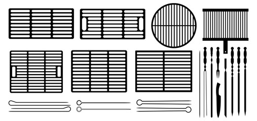 Obraz premium BBQ grill grates and skewers silhouette set isolated on white background. Barbecue grid, metal rack, shashlik sticks and skewer collection.