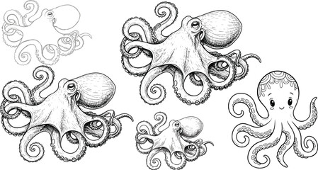 Octopus Illustration Set with Detailed and Kawaii Style Featuring Tentacles, Ink, and Marine Creatures for Ocean Designs © Abdur
