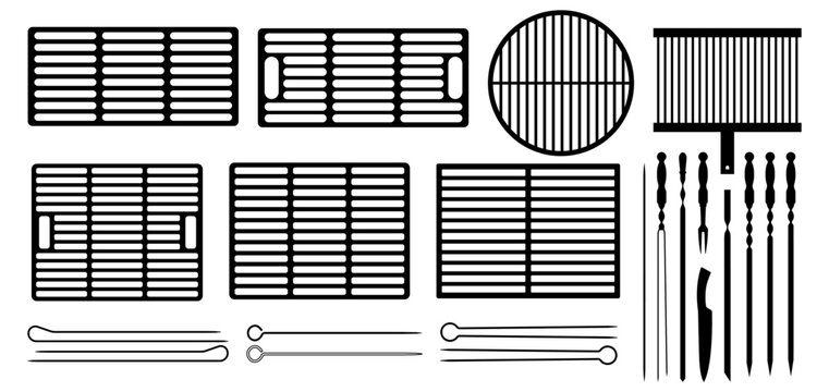 BBQ grill grates and skewers silhouette set isolated on white background. Barbecue grid, metal rack, shashlik sticks and skewer collection.