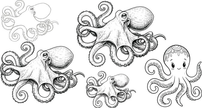 Octopus Illustration Set with Detailed and Kawaii Style Featuring Tentacles, Ink, and Marine Creatures for Ocean Designs
