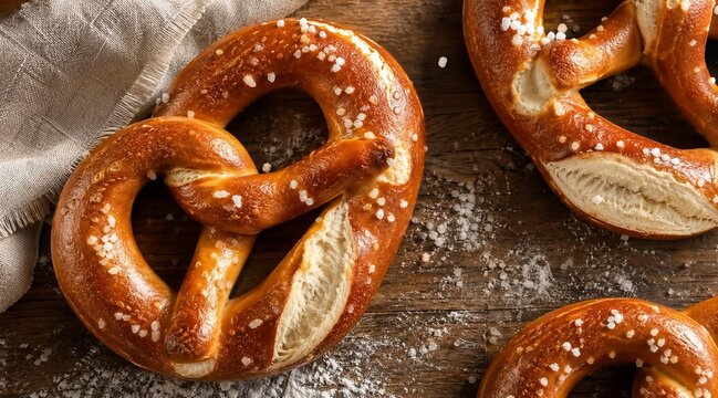 Freshly Baked Soft Pretzels with Coarse Sea Salt on Wooden Board