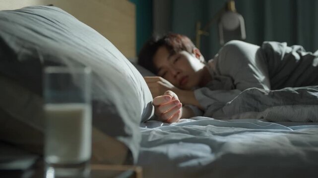 Young man sleeping soundly in his bedroom with a glass of milk on the nightstand