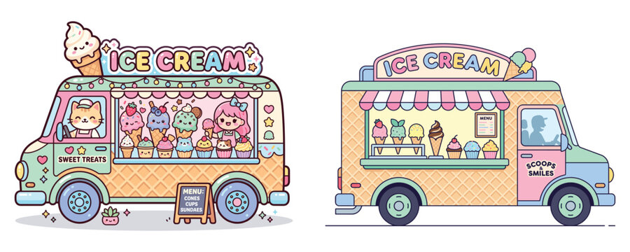 Cute cat drives ice cream truck selling colorful sweet treats and cupcakes.