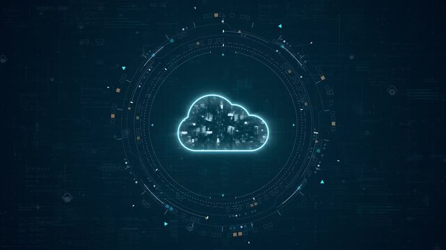 Motion graphic of cloud computing and data security interface with rotating digital network elements, designed for cybersecurity and business technology presentation background.