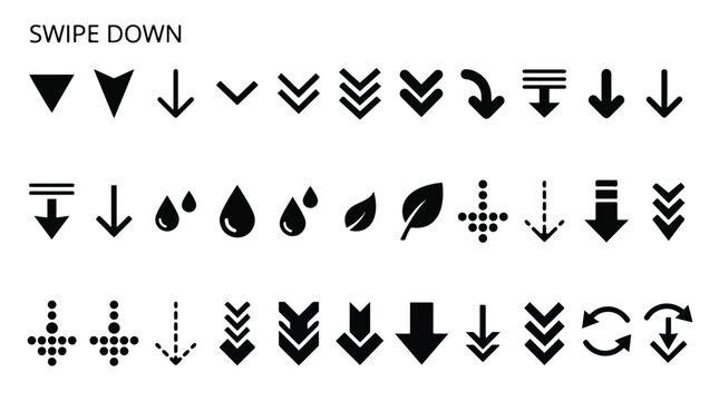 Swipe down arrow icons set, scroll down button signs. Black arrow indicators for mobile app and web interface, navigation direction symbols, download and chevron symbols