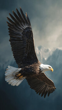 bald eagle soaring in clear blue sky, majestic bald eagle in flight wings spread, american bald eagle gliding through open sky