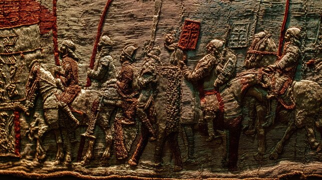 cavalry. Close-up of an ancient tapestry section depicting medieval cavalry and shield walls. event programs, museum guides, designed for cultural heritage projects and event programs.
