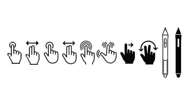 Touch screen gesture icons set, hand cursor and mouse click signs. Multitouch finger tap, swipe, scroll, zoom and rotate gestures. Digital pen and stylus tools icons - black vector style sig