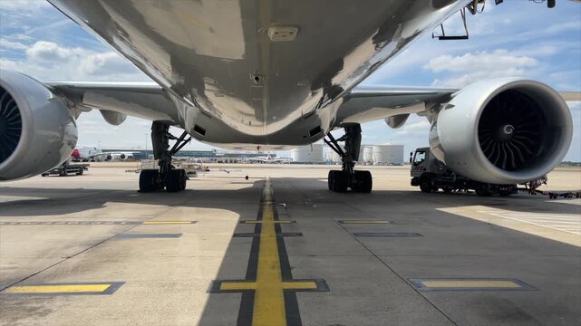 A high definition view from under a large jet airliner on the ramp.