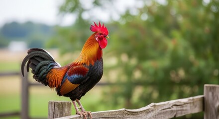 Fototapeta premium Vibrant rooster perched on a wooden fence in a rural setting
