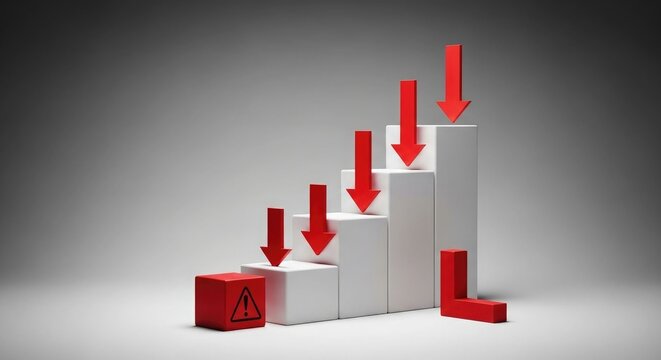 Descending red arrows on white blocks illustrating decline loss or negative trend