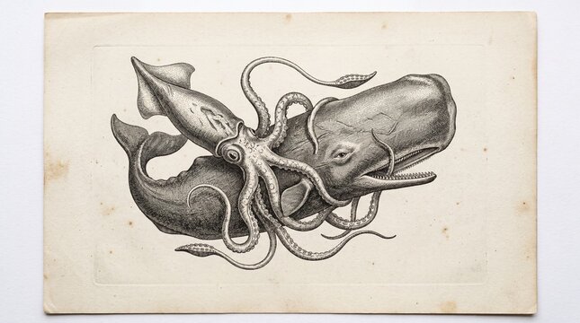 Vintage Engraving of Giant Squid and Sperm Whale Combat