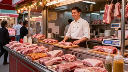 Obraz premium A cheerful butcher behind a long counter filled with an extensive variety of raw meat cuts in a vibrant indoor market. Focus on diverse meat selection professional service and community connection.