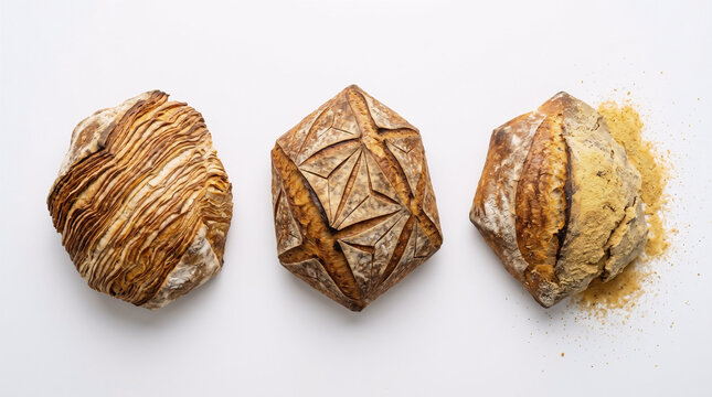 Three artisanal bread loaves with unique crust designs on a white background