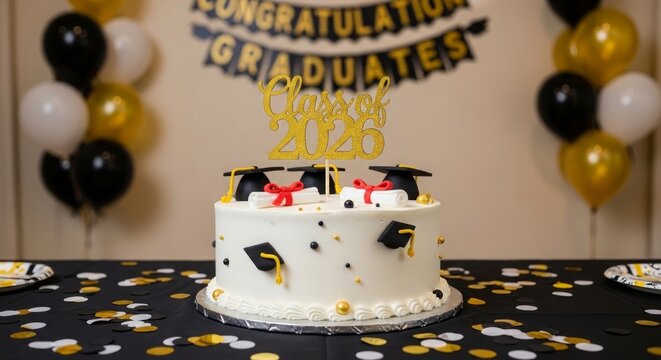 Graduation celebration cake decorated with caps and year topper