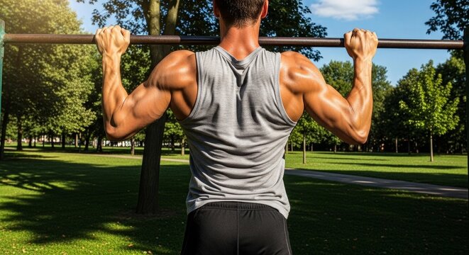 Man performing pull up exercise in outdoor park setting on sunny day