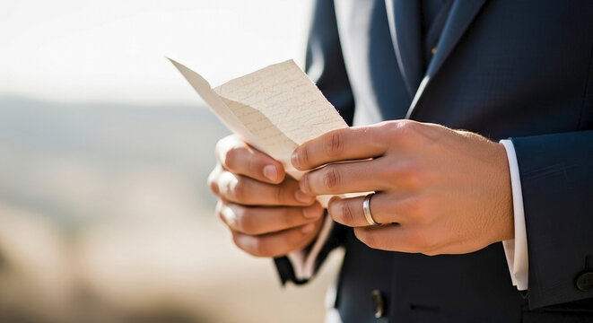 Groom holding handwritten note while standing outdoors. Groom is dressed in elegant suit, showcasing wedding band while reading heartfelt message.