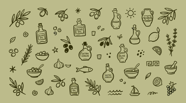 Hand drawn collection of Mediterranean food and ingredients including olive oil bottles olives lemons garlic herbs and amphorae on a textured background