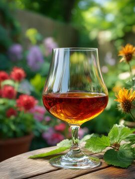 Brandy in snifter glass on table enjoying garden