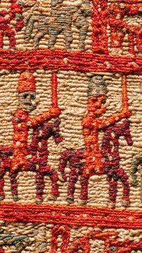 cavalry. Close-up of an ancient tapestry section depicting medieval cavalry and shield walls. event programs, museum guides, designed for cultural heritage projects and event programs.
