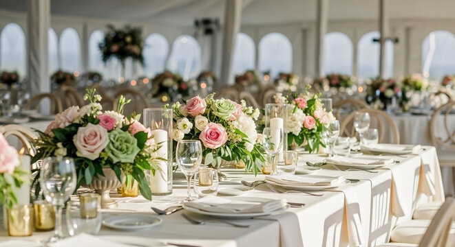 Elegant outdoor wedding tent setup with beautifully arranged floral centerpieces and table settings. Outdoor wedding tent features charming decor with pastel roses and greenery.
