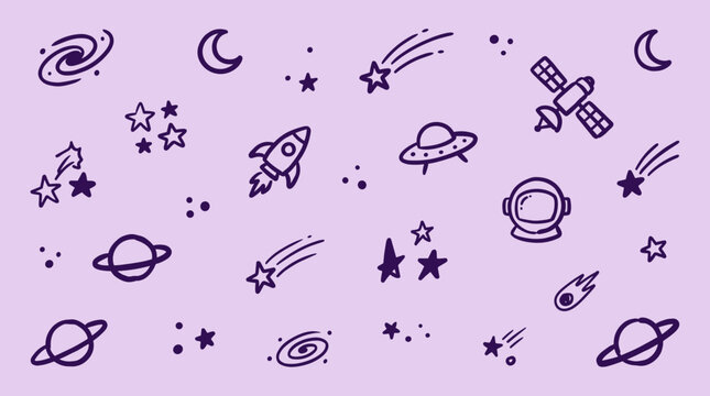 Cute doodle space elements seamless pattern with planets stars rocket astronaut moon and galaxy on pastel background
