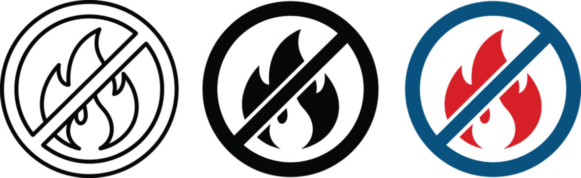 Three variations of a 'no open flames' or 'no fire' prohibition sign representing safety regulations