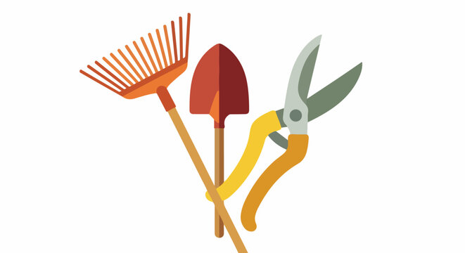 Gardening tools icon set with rake, shovel and pruners