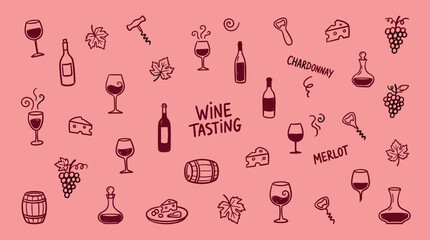 Naklejka premium Charming hand drawn wine tasting elements and symbols scattered on a pink background, perfect for beverage and celebration themes