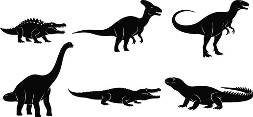 Dinosaur and Reptile Silhouette Illustration Set featuring T-Rex, Brontosaurus, Crocodile, and Other Prehistoric Creatures © Abdur