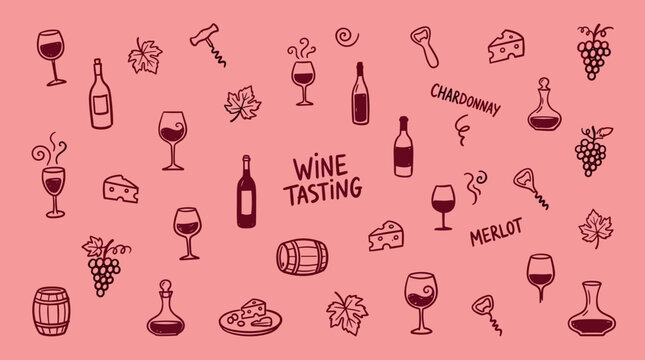 Charming hand drawn wine tasting elements and symbols scattered on a pink background, perfect for beverage and celebration themes