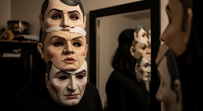 Layered Masks Symbolizing Imposter Syndrome and Inner Conflict